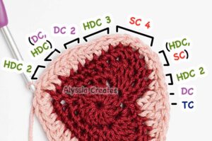 Heart granny square round 4 step 4