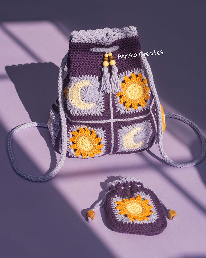 Crochet Sun and Moon Drawstring Backpack Pattern by Alyssia Creates